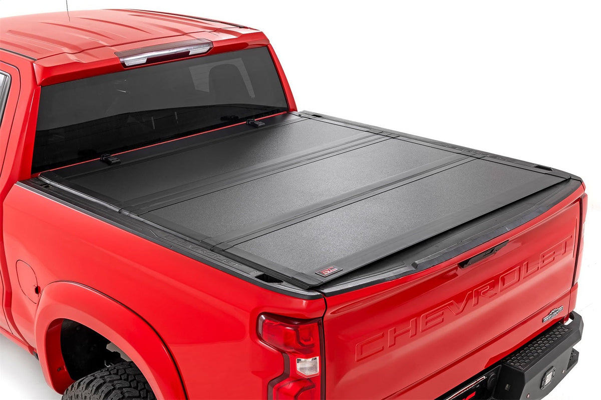 Rough Country Hard Tri-Fold Flip Up Bed Cover 5 ft10 Inch Bed Chevy GMC Sierra 1500 19-26 Silverado 1500 19-26