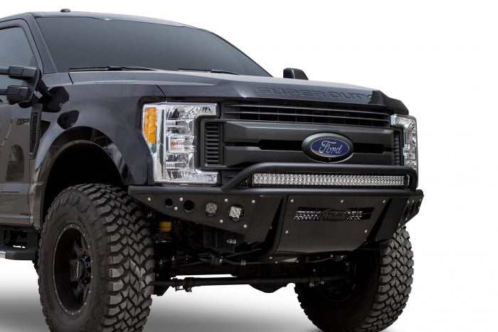 Addictive Desert Design Ford F250 2017 - up Stealth R Front Bumper with 10 dually mounts/universal plate on top and 20 LED mount in center and dually mounts on sides in Hammer Black with Satin Black panels