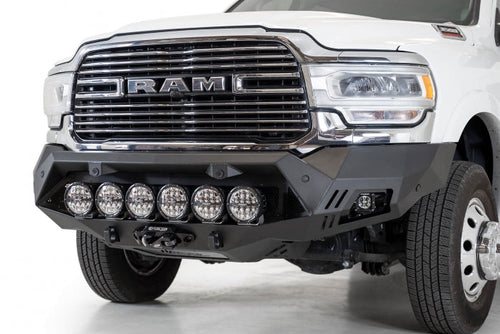 Addictive Desert Design Dodge 2500/3500 Bomber HD Front Bumper with Winch Mounts with SENSOR MOUNTS and Dual LED Mounts or Round Light Mounts and Dually Mounts on Sides in Hammer Black with Satin Black panels