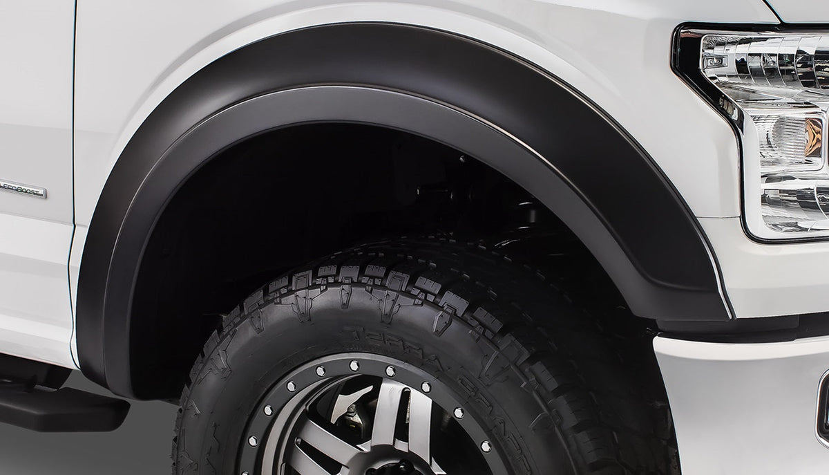 Bushwacker Ford Fender Flares Ford Extend-A-Fender Flare Front Pair Front Pair of Ford Extend-A-Fender Fender Flares for the 2015 F-150. Note: Does not fit Raptor models door molding removal on bed and front fender required for fitment on Platinum mo