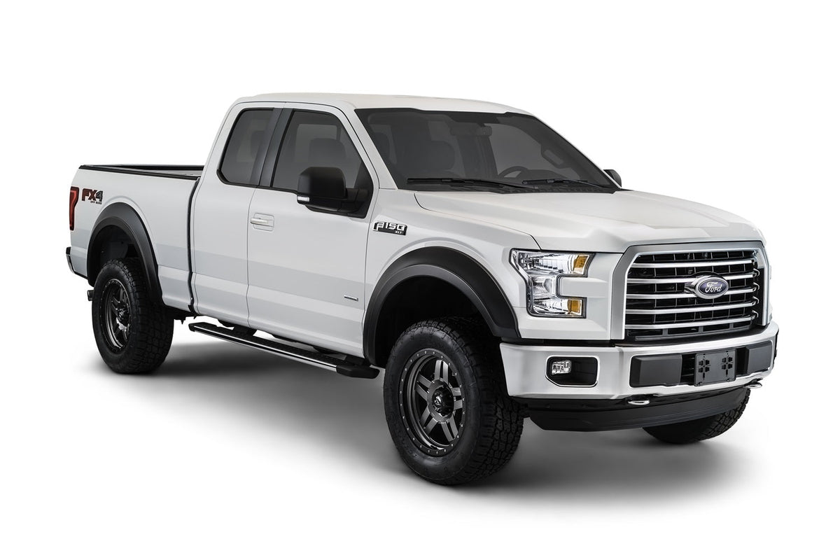 Bushwacker Ford Fender Flares Ford Extend-A-Fender Flare Set of 4 Set of 4 Ford Extend-A-Fender Fender Flares for the 2015 F-150 Styleside 67.1 in bed 78.9 in bed 97.6 in bed. Note: Does not fit Raptor models Door molding removal on bed and front fen
