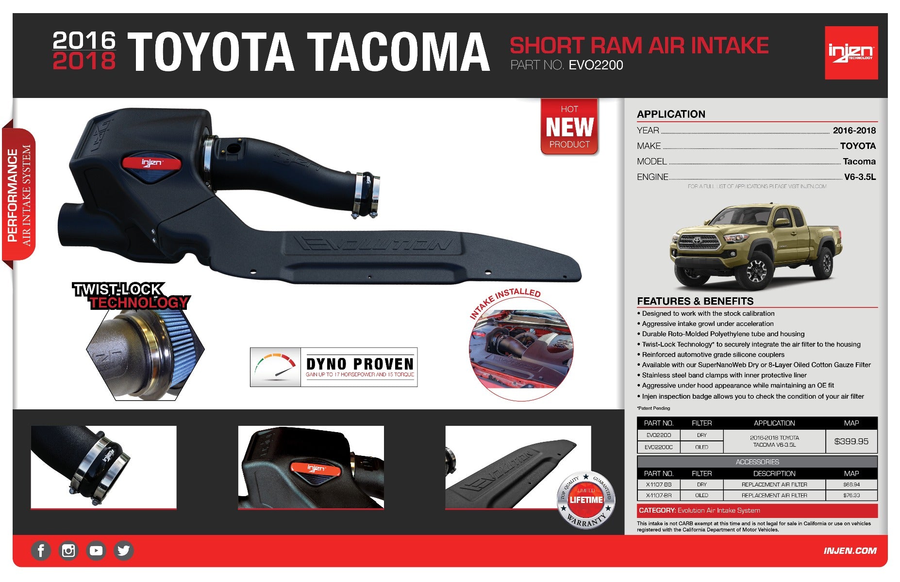 Injen Evolution cold air intake system for Toyota Tacoma