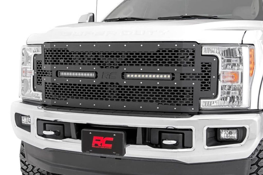 Rough Country Mesh Grille 12 Dual Row LED Black Ford F-250 F-350 Super Duty (17-19)