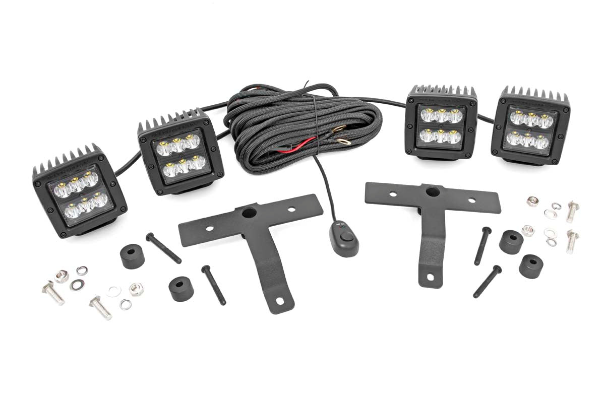 Rough Country Quad LED Light Kit Cowl Mount 2 Black Pairs Spot Jeep Gladiator JT Wrangler JL (18-26)