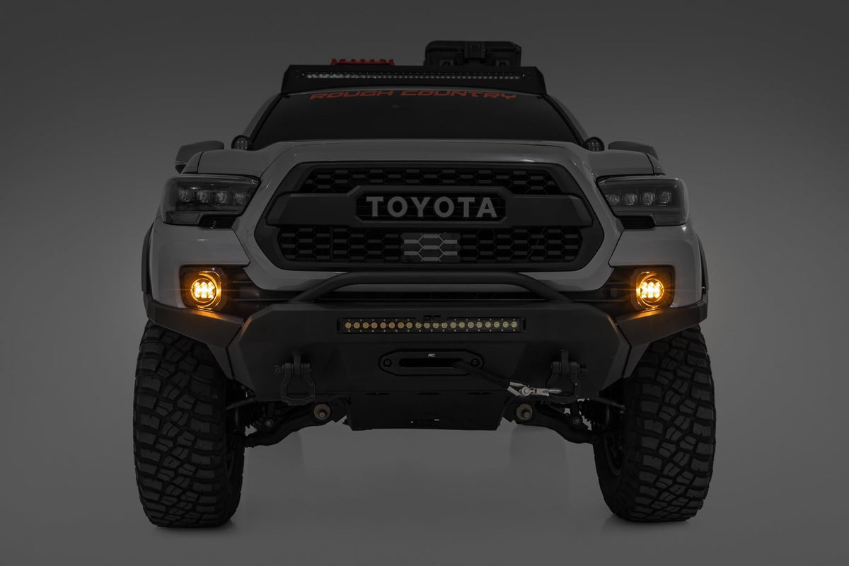 Rough Country LED Fog Light Kit 3.5 Inch Round Black Series Amber DRL Toyota Tacoma (16-23)