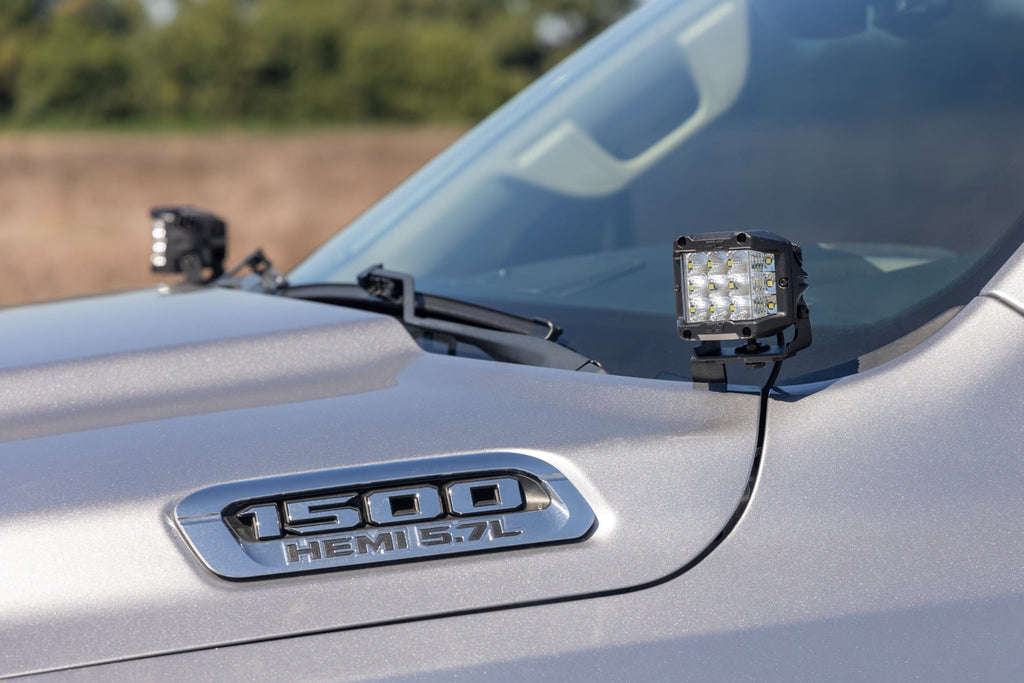 Rough Country LED Light Kit Ditch Mount 2 Black Pair White DRL Ram 1500 (19-26)