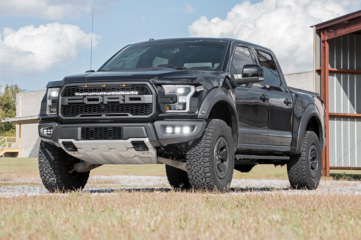 Rough Country LED Light Kit Grille Mount 30 Black Single Row White DRL Ford Raptor (17-20)