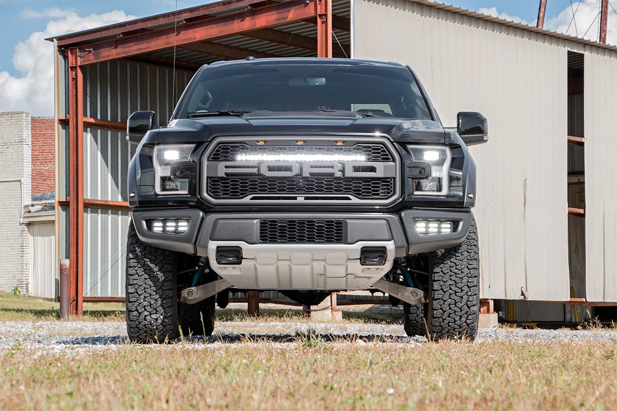 Rough Country LED Light Kit Grille Mount 30 Black Single Row White DRL Ford Raptor (17-20)