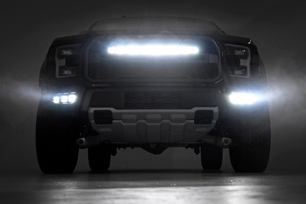 Rough Country LED Light Kit Grille Mount 30 Black Single Row White DRL Ford Raptor (17-20)