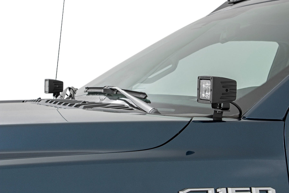 Rough Country LED Light Kit Ditch Mount 2 Black Pair Flood Ford F-150 (15-26) F-150 Lightning (22-26)
