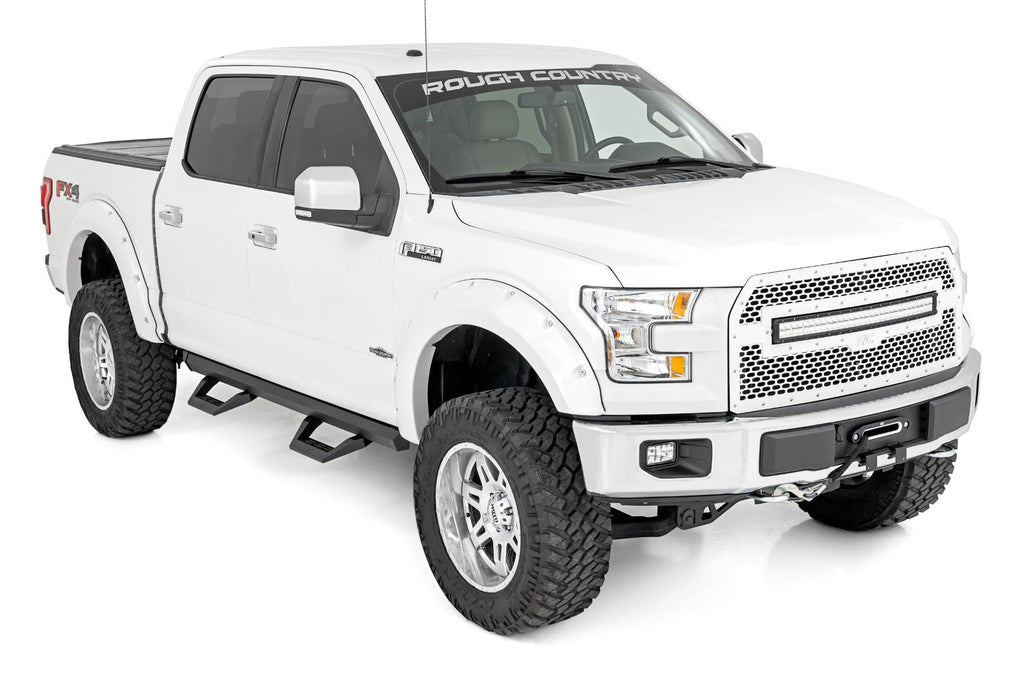 Rough Country SRX2 Adj Aluminum Step Crew Cab Ford F-150 Lightning F-250 F-350 Raptor (15-26)