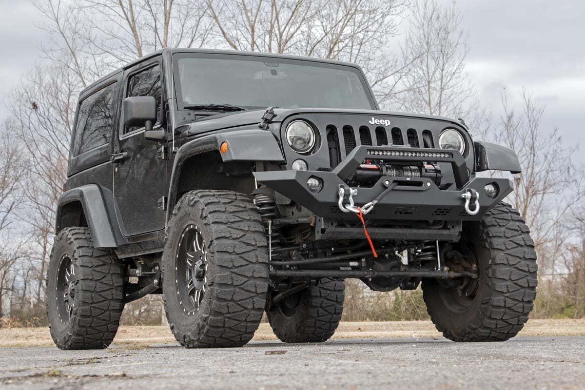 Rough Country Jeep front bumper close-up, D-rings and winch plate