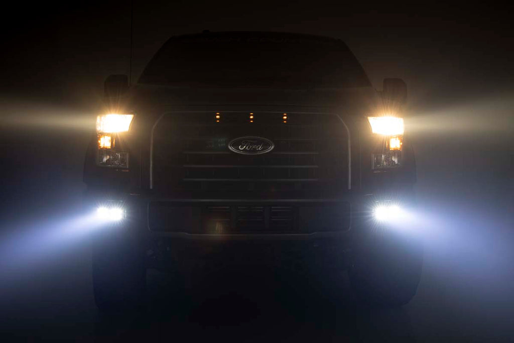 Rough Country LED Light Kit Fog Mount Dual 2 Black Pairs Spot Flood Ford F-150 (15-17)
