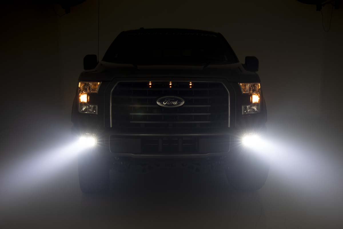 Rough Country LED Light Kit Fog Mount Dual 2 Black Pairs Spot Flood Ford F-150 (15-17)